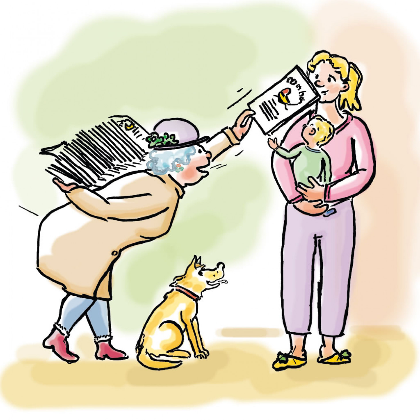 Bild einer älteren Frau die einer jüngeren Frau mit Kind eine Zeitung übergibt im Comic Stil