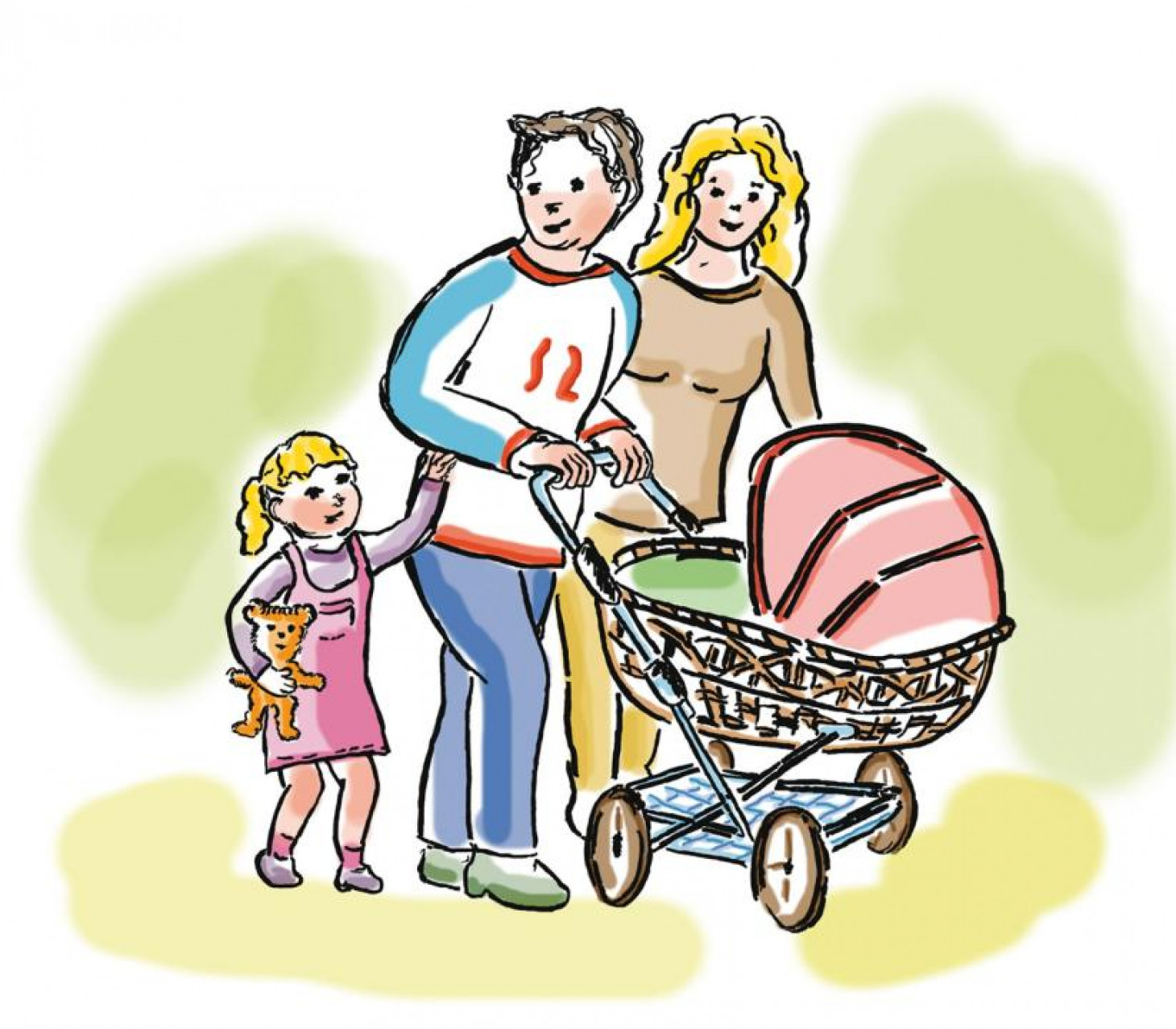 Bild einer Familie mit Kinderwagen im Comic Stil