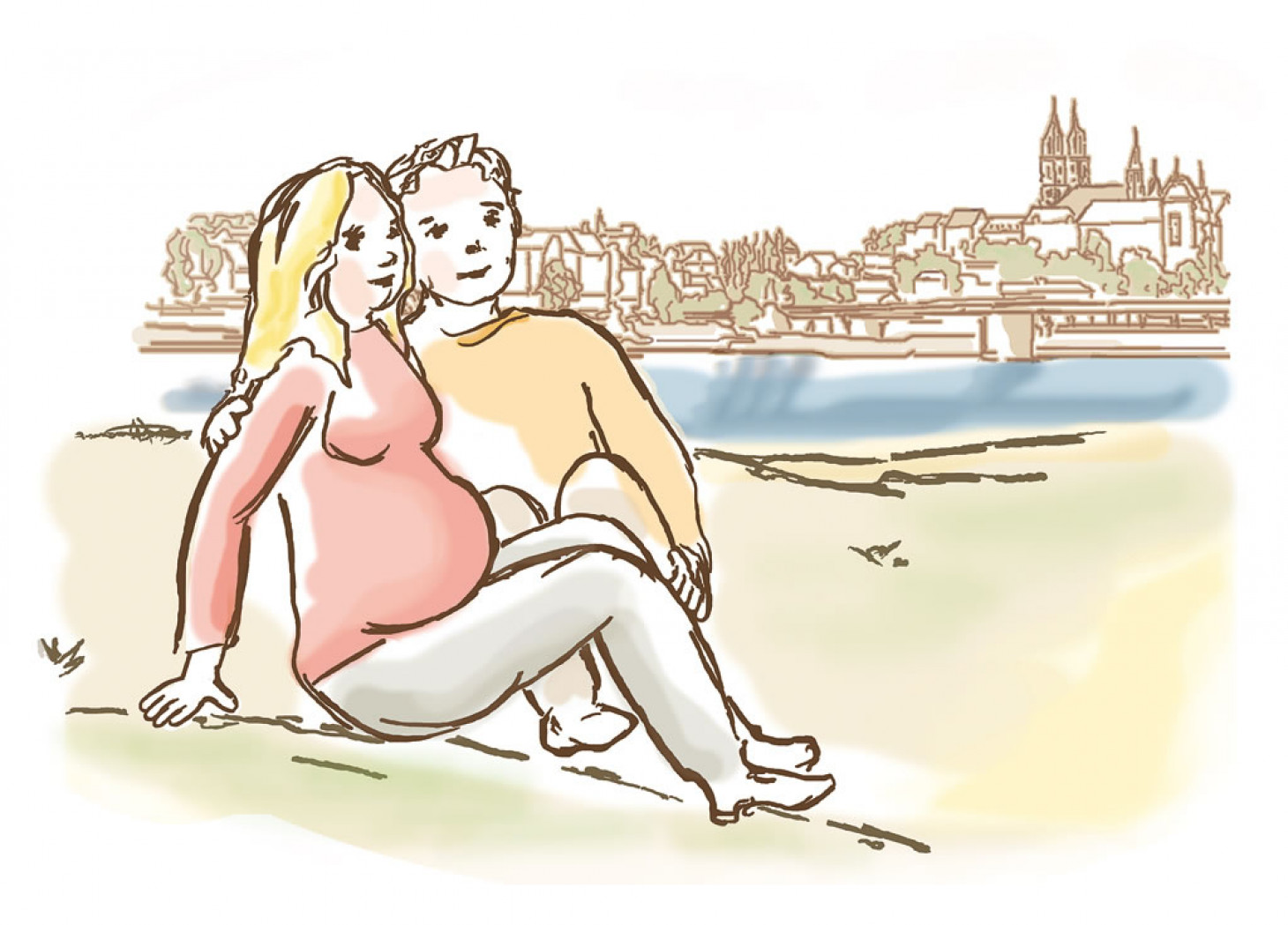 Bild eines Pärchens was am Ufer sitzt im Comic Stil